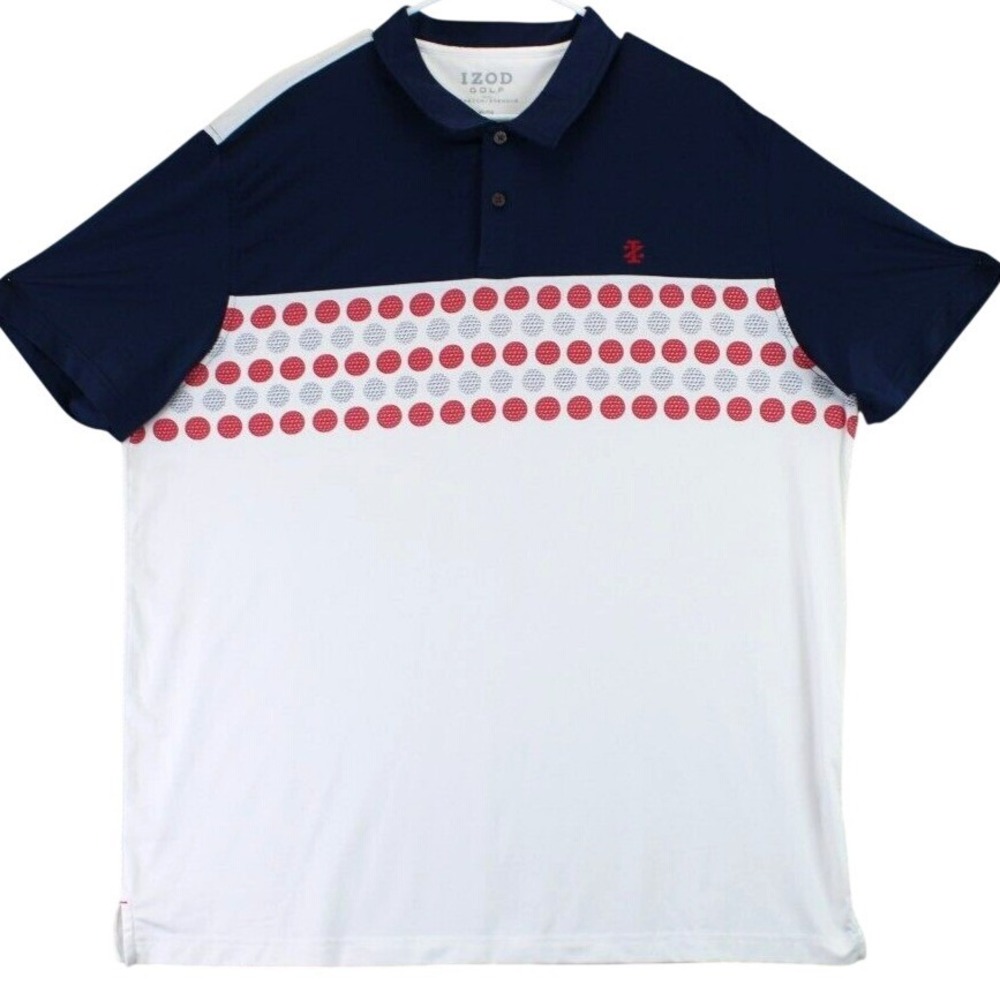 IZOD Golf Mens Polo Shirt Navy White Red Circles Print‎ Stretch XL